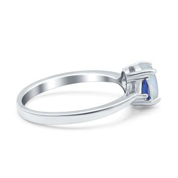 Vintage Oval Wedding Ring Triangle Blue Sapphire Lab Created White Opal 925 Sterling Silver